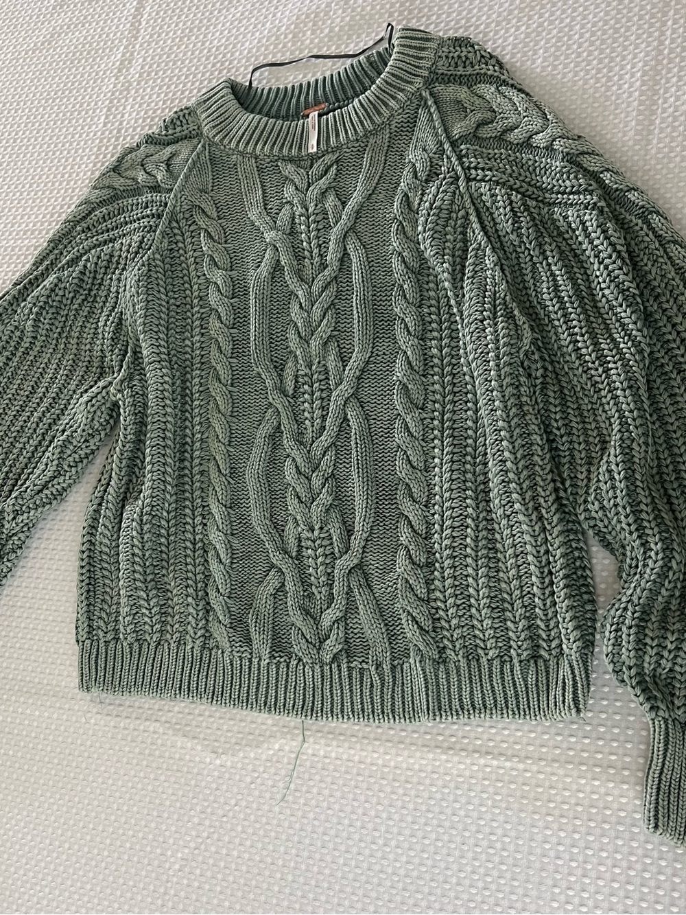 Free People Sage Green Cable Knit Crewneck Sweater